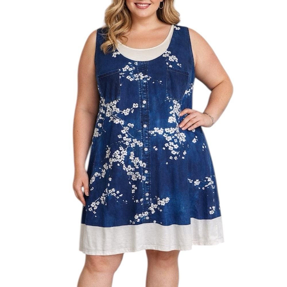 Plus size blue white denim floral print sleeveless stretch shift dress size 6XL